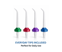 Load image into Gallery viewer, Four dental water flosser tips with colored nozzles on a white background